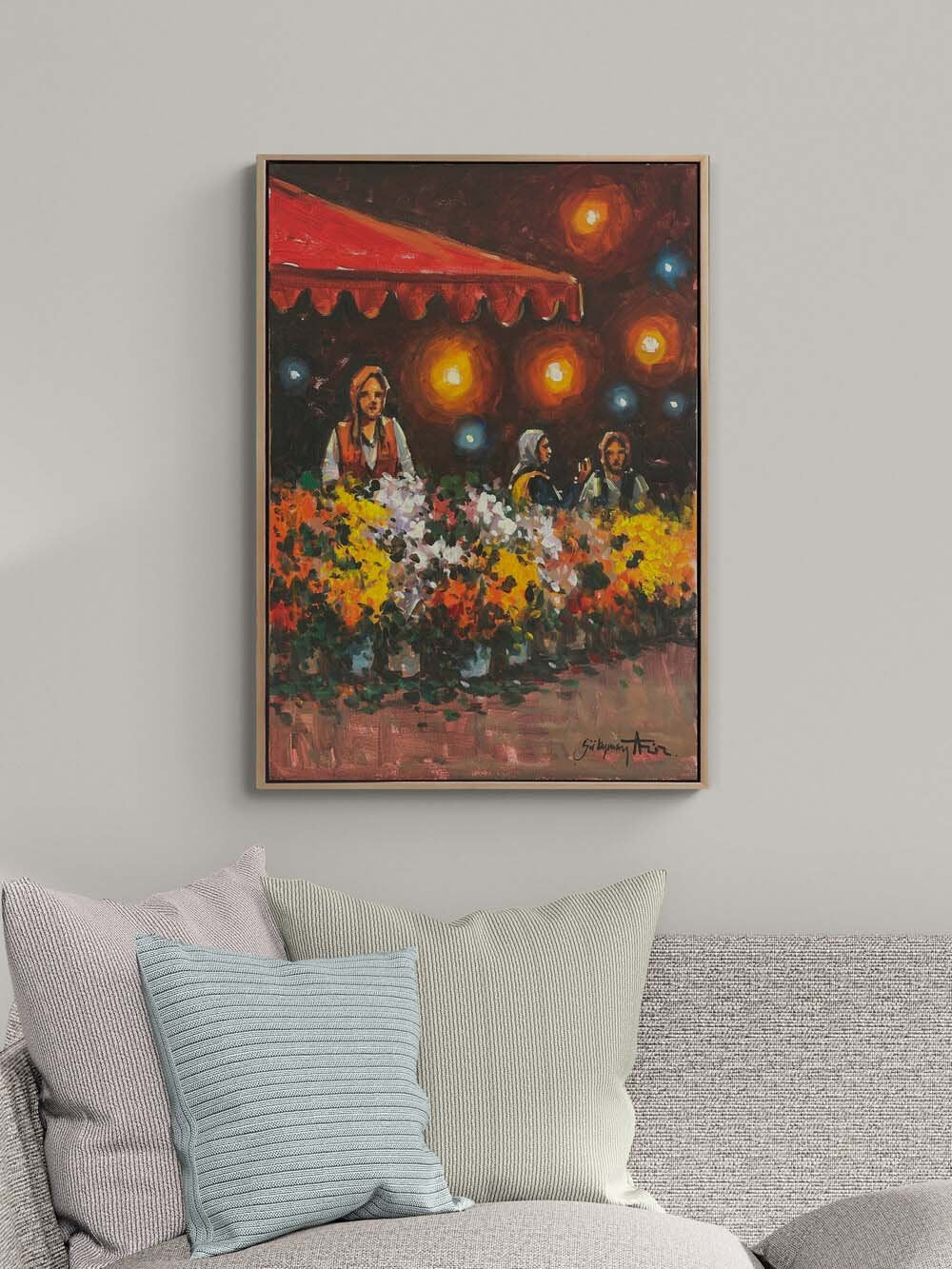 Sokak Lambası ve Çiçekler Yağlı Boya Tablosu