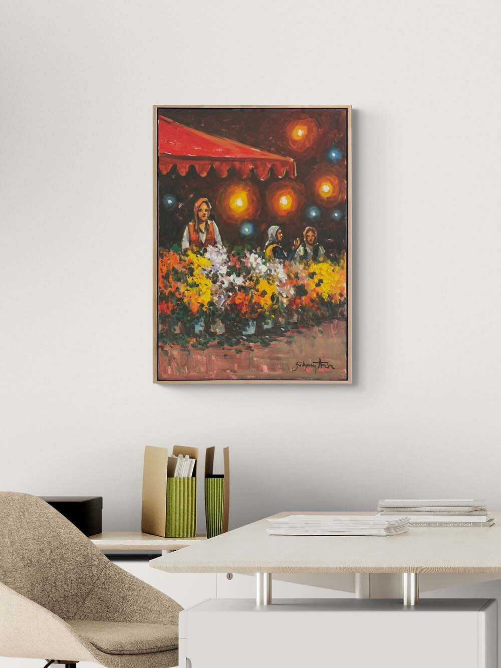 Sokak Lambası ve Çiçekler Yağlı Boya Tablosu