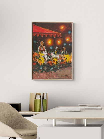 Sokak Lambası ve Çiçekler Yağlı Boya Tablosu