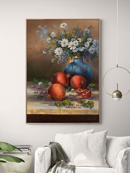 Papatyalar ve Nar Taneleri Yağlı Boya Tablosu