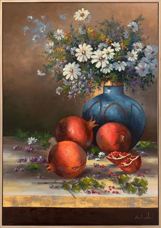 Papatyalar ve Nar Taneleri Yağlı Boya Tablosu