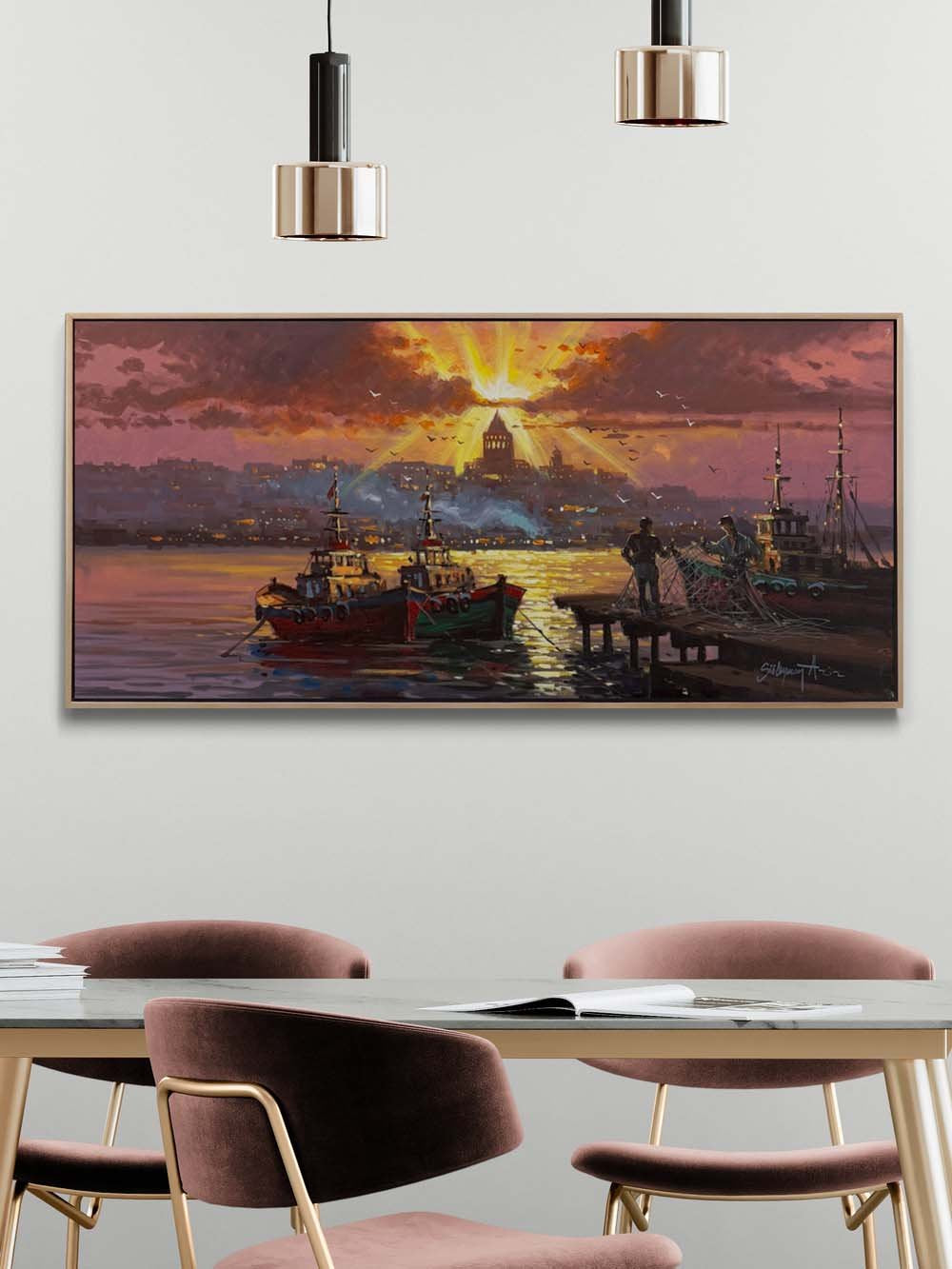 İskelede Boğazın Balıkçıları Yağlı Boya Tablosu