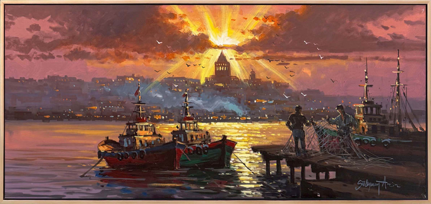 İskelede Boğazın Balıkçıları Yağlı Boya Tablosu