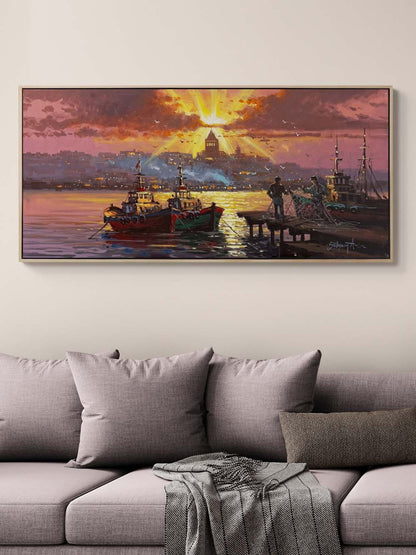 İskelede Boğazın Balıkçıları Yağlı Boya Tablosu