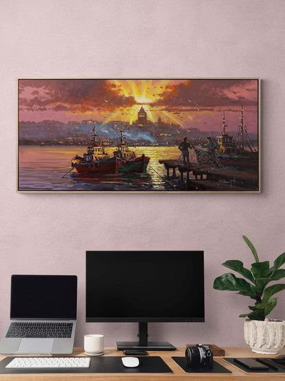 İskelede Boğazın Balıkçıları Yağlı Boya Tablosu