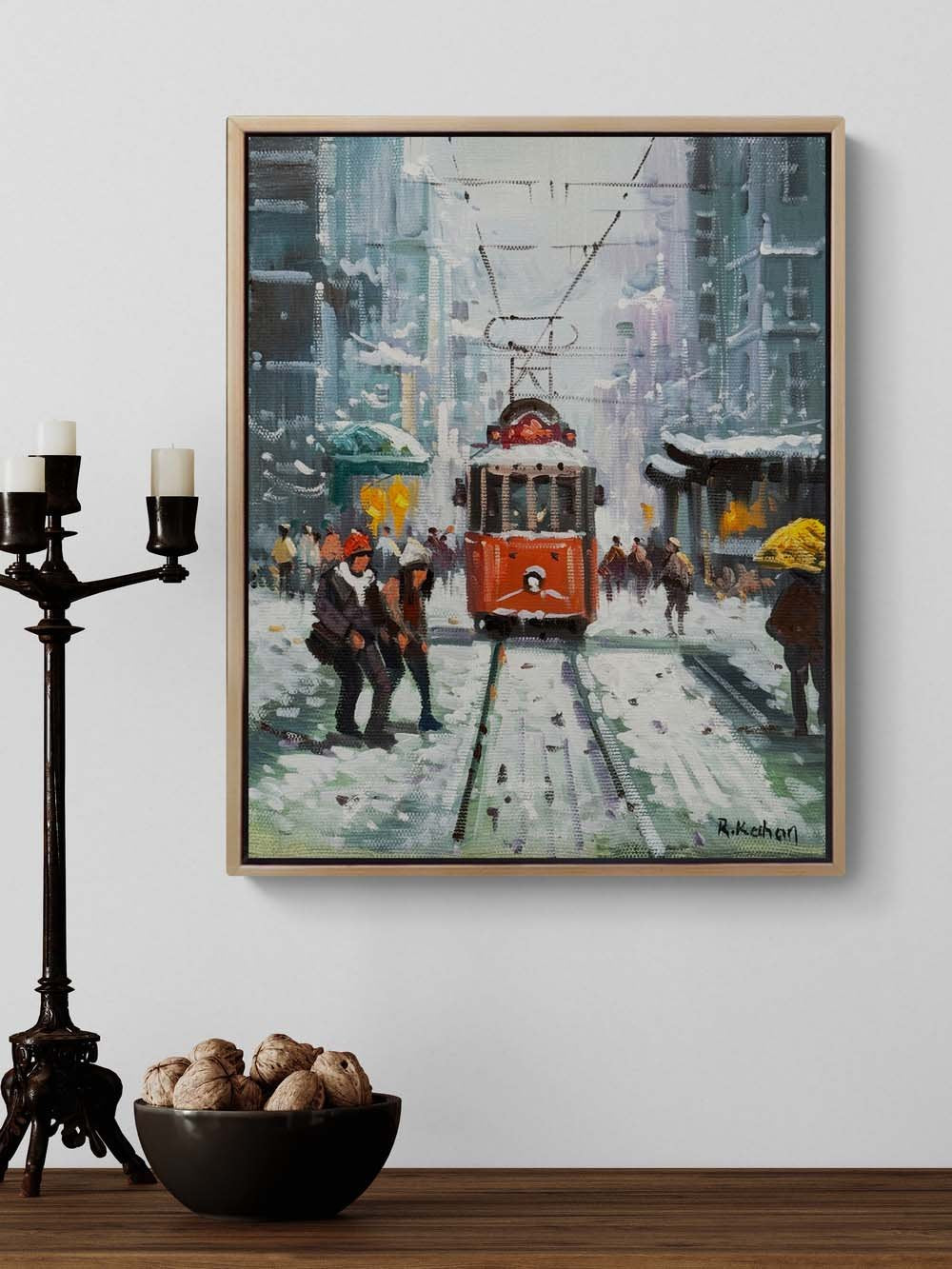 Karda Kırmızı Tramvay Yağlı Boya Tablosu