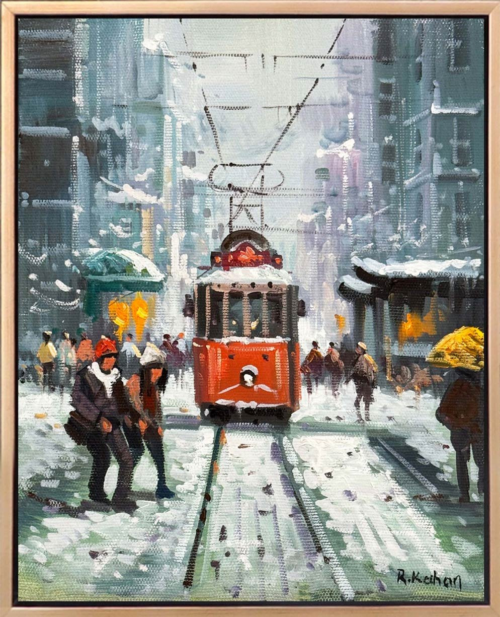 Karda Kırmızı Tramvay Yağlı Boya Tablosu