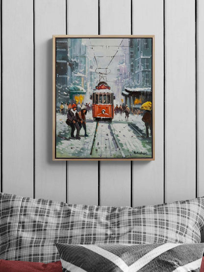 Karda Kırmızı Tramvay Yağlı Boya Tablosu