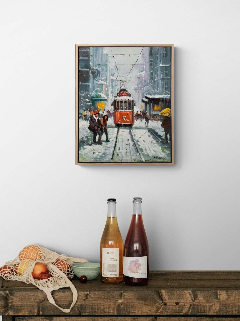 Karda Kırmızı Tramvay Yağlı Boya Tablosu