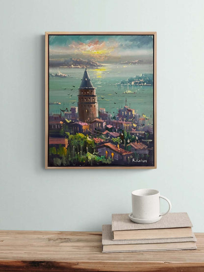 Galata Kulesinde Maviler Yağlı Boya Tablosu