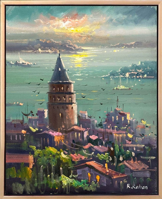 Galata Kulesinde Maviler Yağlı Boya Tablosu