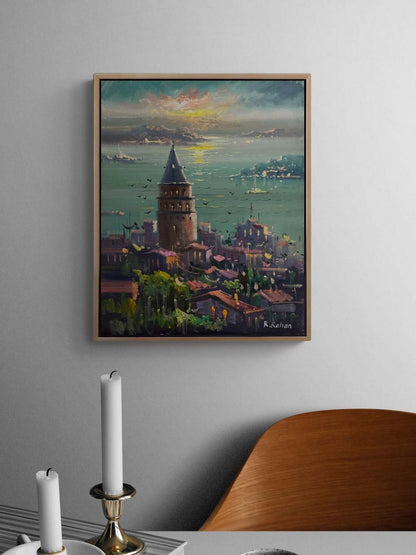 Galata Kulesinde Maviler Yağlı Boya Tablosu