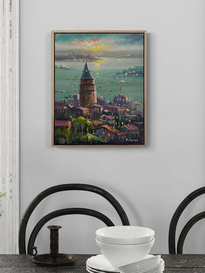 Galata Kulesinde Maviler Yağlı Boya Tablosu