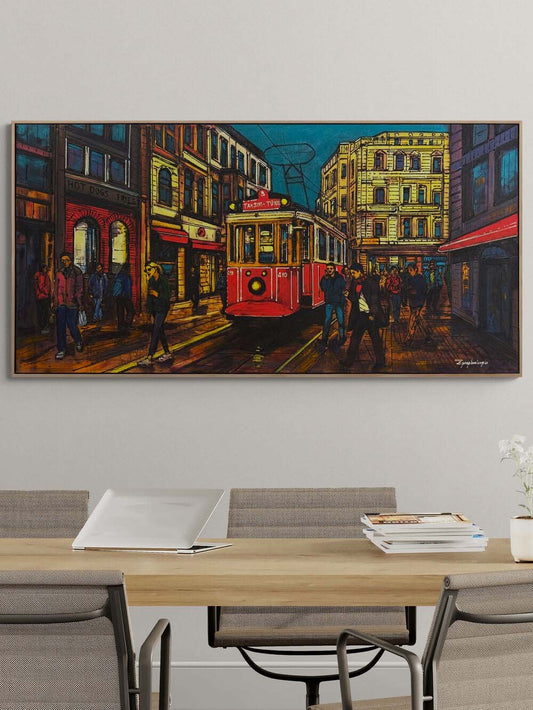Kırmızı Tramvay ve Hatıralar Yağlı Boya Tablosu