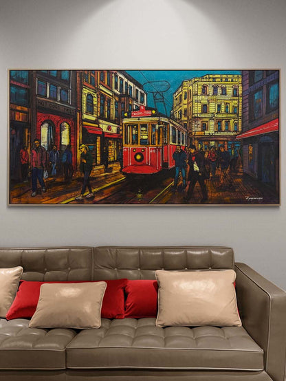 Kırmızı Tramvay ve Hatıralar Yağlı Boya Tablosu