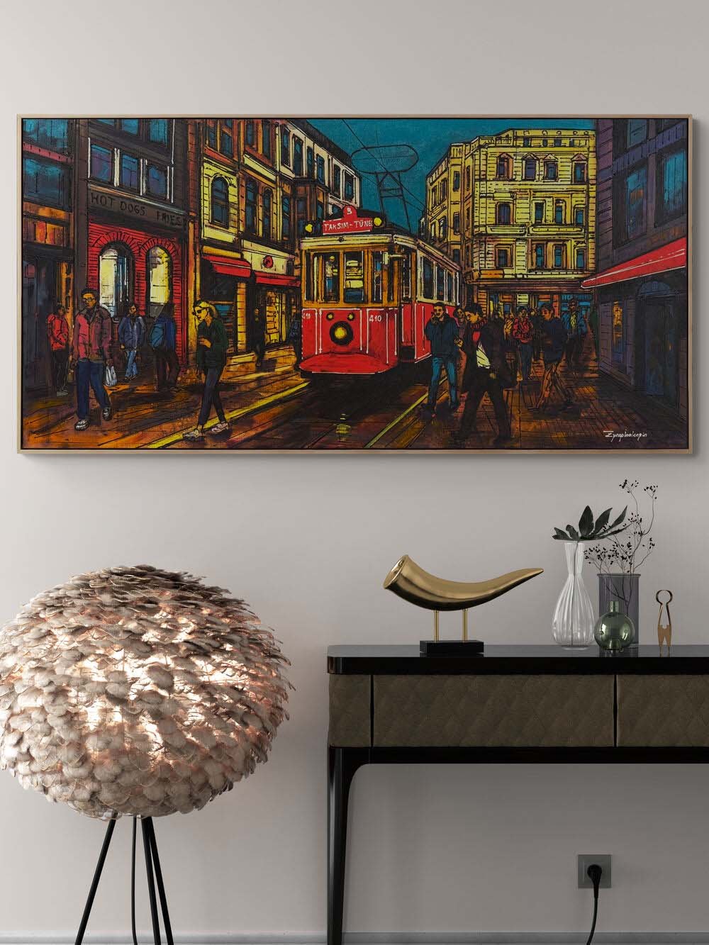 Kırmızı Tramvay ve Hatıralar Yağlı Boya Tablosu