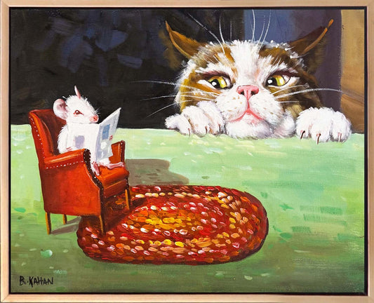 Okuyan Fare Bakan Kedi Yağlı Boya Tablosu