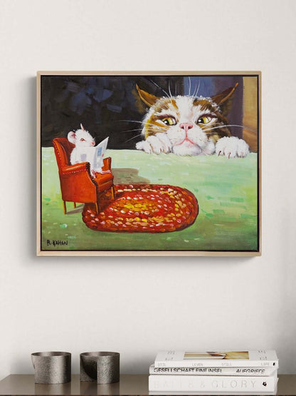 Okuyan Fare Bakan Kedi Yağlı Boya Tablosu