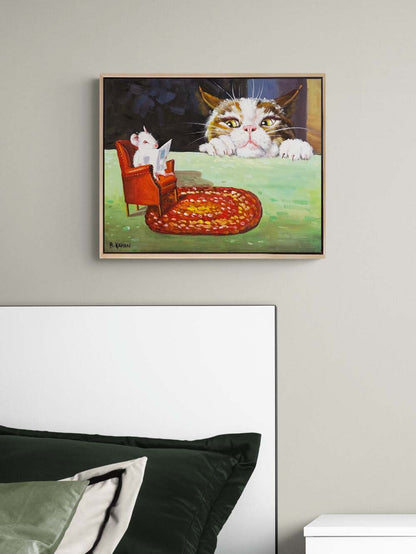 Okuyan Fare Bakan Kedi Yağlı Boya Tablosu