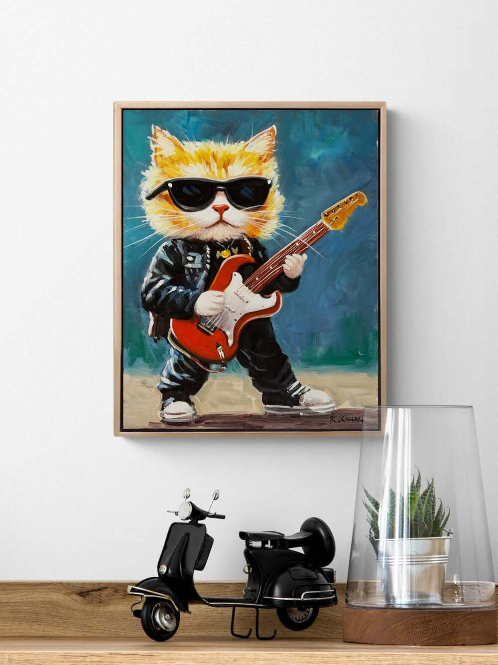 Gitarist Kedi Yağlı Boya Tablosu