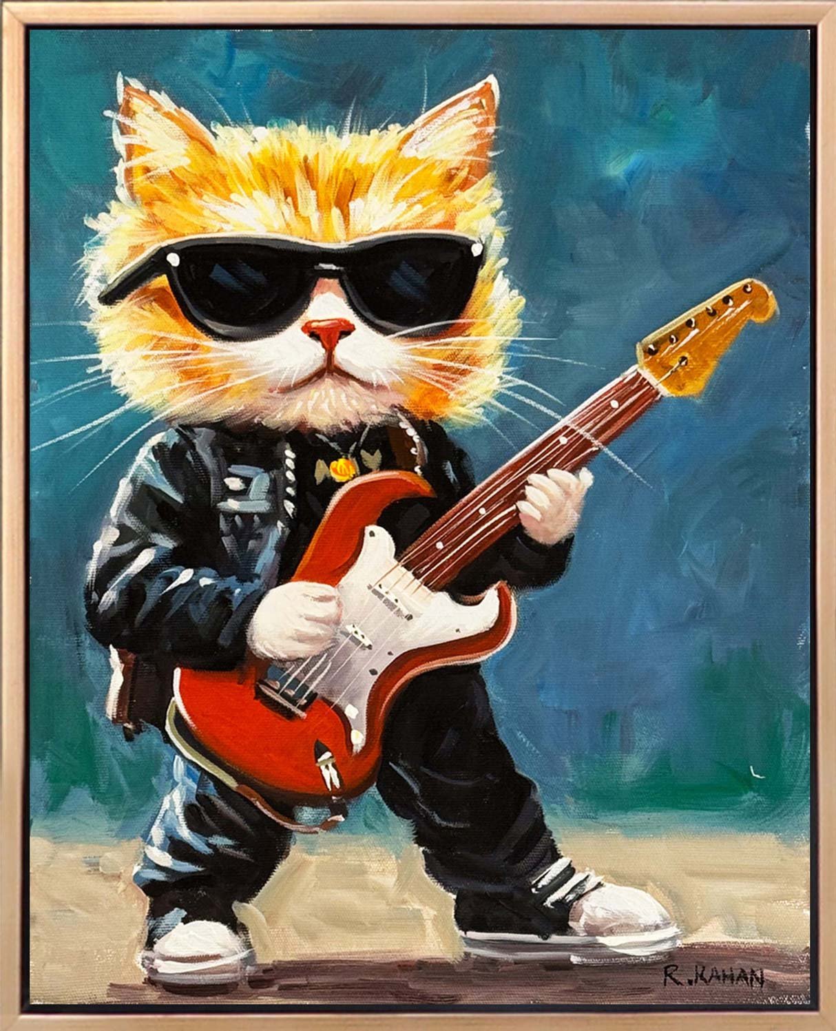 Gitarist Kedi Yağlı Boya Tablosu