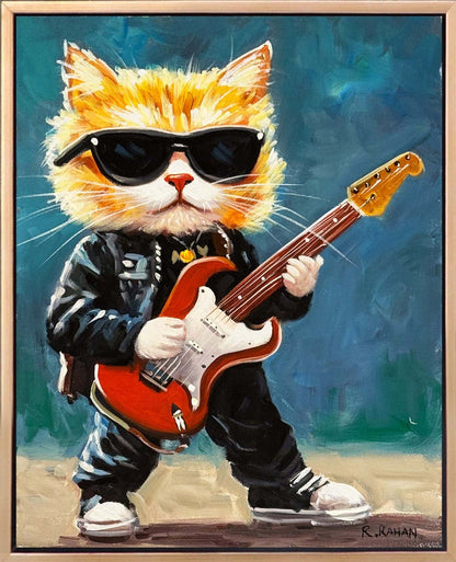 Gitarist Kedi Yağlı Boya Tablosu