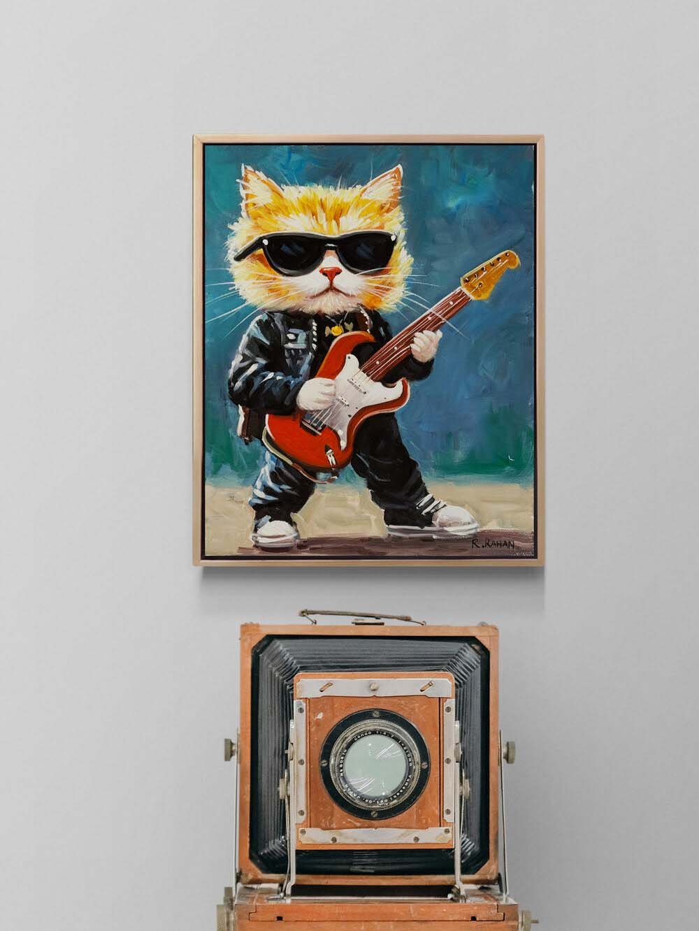 Gitarist Kedi Yağlı Boya Tablosu