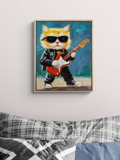 Gitarist Kedi Yağlı Boya Tablosu