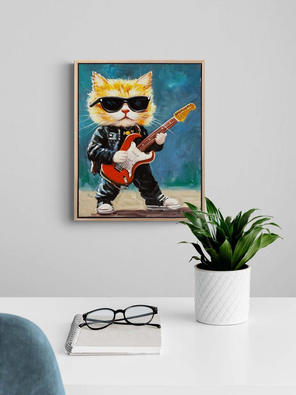 Gitarist Kedi Yağlı Boya Tablosu