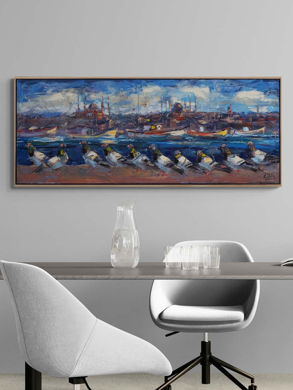 Boğazın Bekçisi Güvercinler Yağlı Boya Tablosu