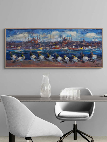 Boğazın Bekçisi Güvercinler Yağlı Boya Tablosu