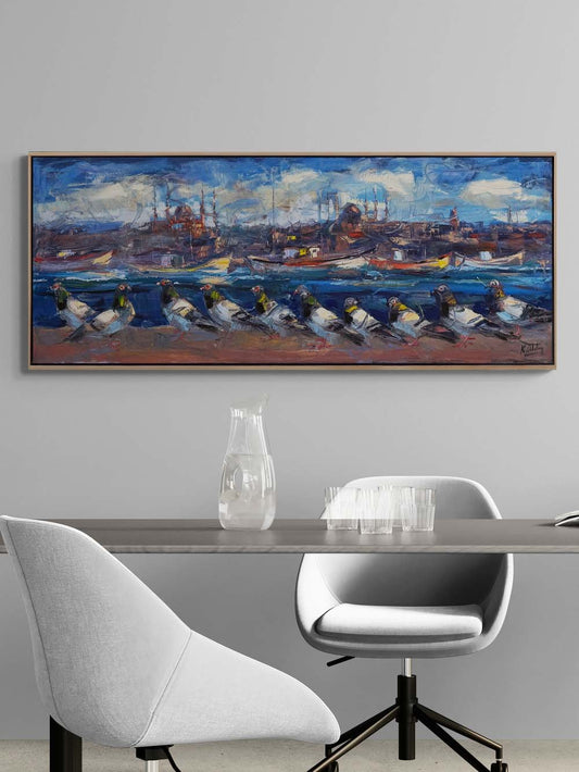 Boğazın Bekçisi Güvercinler Yağlı Boya Tablosu