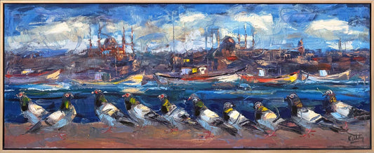 Boğazın Bekçisi Güvercinler Yağlı Boya Tablosu