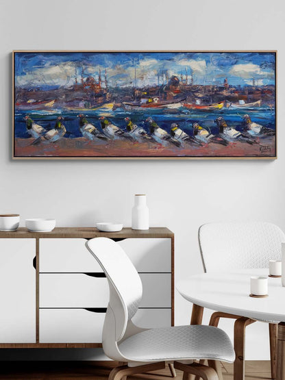 Boğazın Bekçisi Güvercinler Yağlı Boya Tablosu