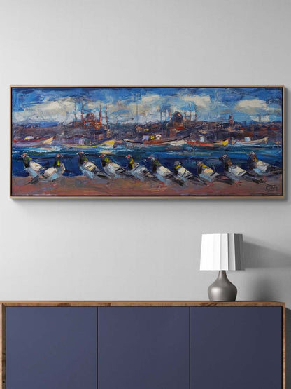 Boğazın Bekçisi Güvercinler Yağlı Boya Tablosu