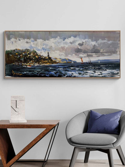 Sahil Kasabasında Gün Yağlı Boya Tablosu