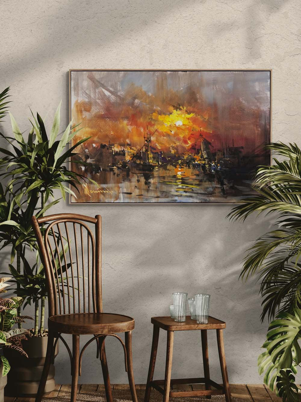 Günbatımında Liman Yağlı Boya Tablosu