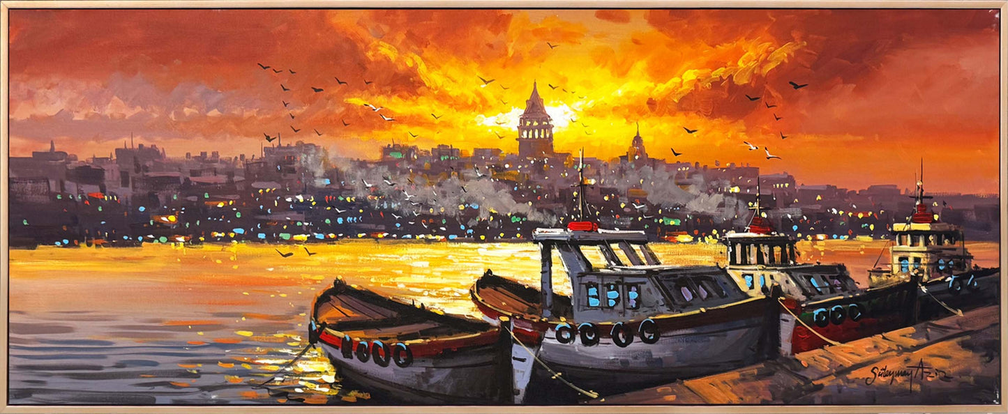 Boğazda Sessiz Kayıklar Yağlı Boya Tablosu