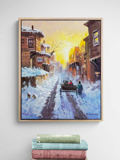 Şehirde Kar Manzarası Yağlı Boya Tablosu