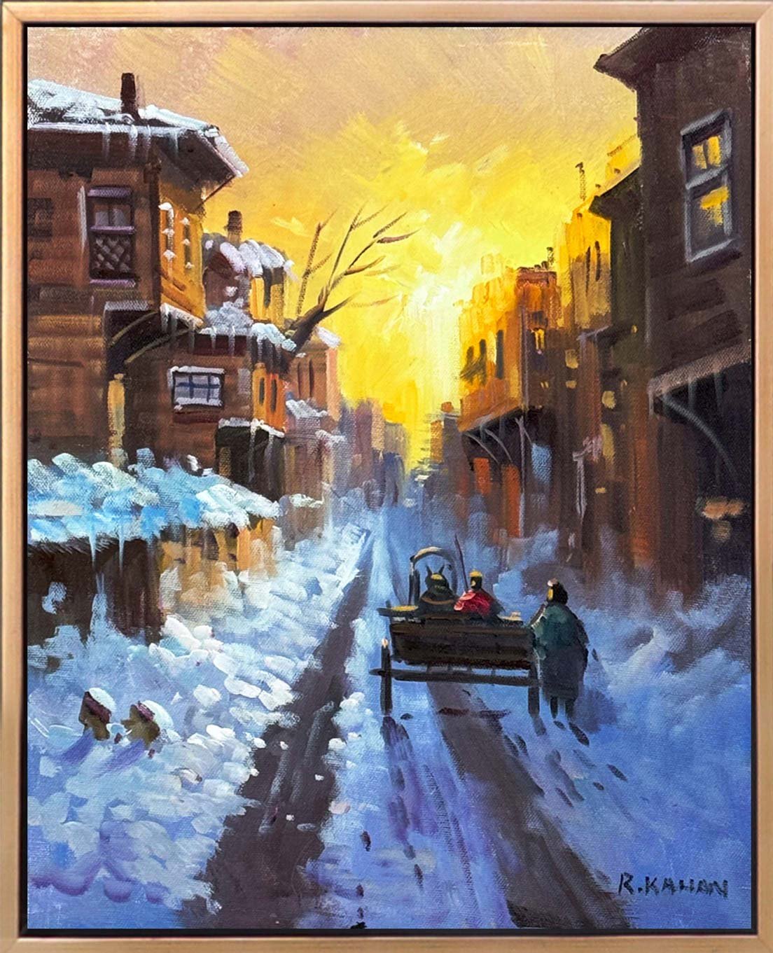 Şehirde Kar Manzarası Yağlı Boya Tablosu