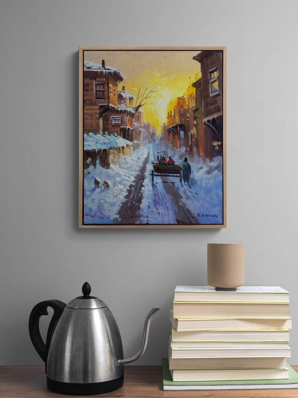 Şehirde Kar Manzarası Yağlı Boya Tablosu