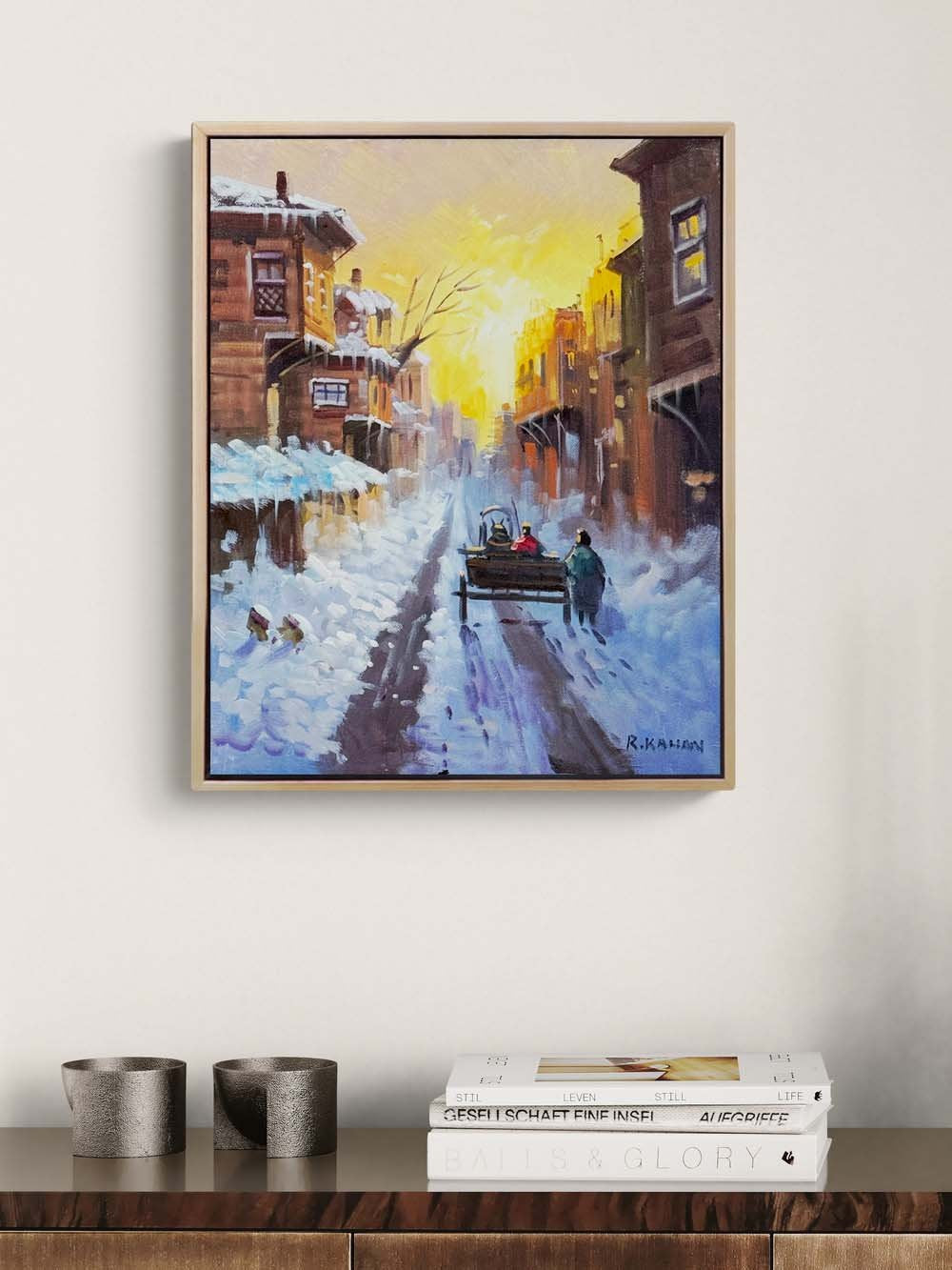 Şehirde Kar Manzarası Yağlı Boya Tablosu