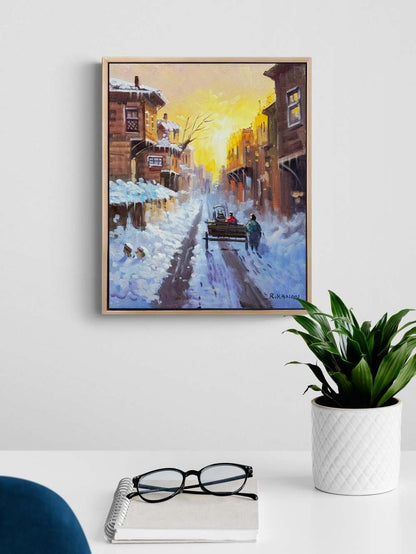Şehirde Kar Manzarası Yağlı Boya Tablosu