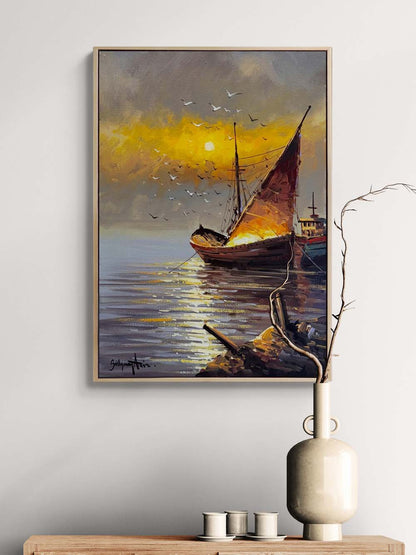 Gün Doğuşu Yelkenli Yağlı Boya Tablosu