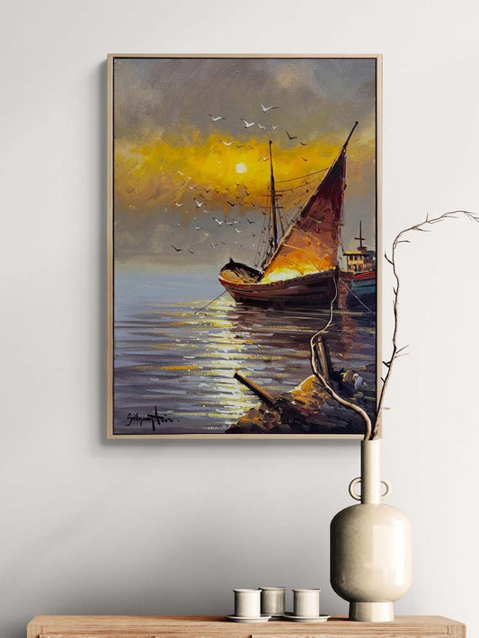 Gün Doğuşu Yelkenli Yağlı Boya Tablosu