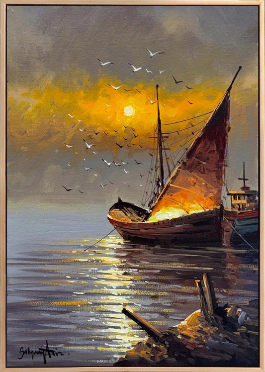 Gün Doğuşu Yelkenli Yağlı Boya Tablosu