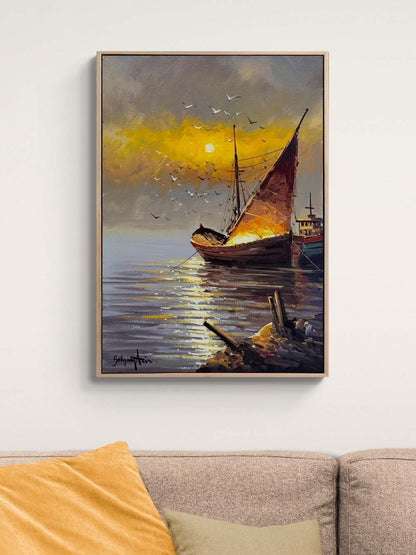 Gün Doğuşu Yelkenli Yağlı Boya Tablosu