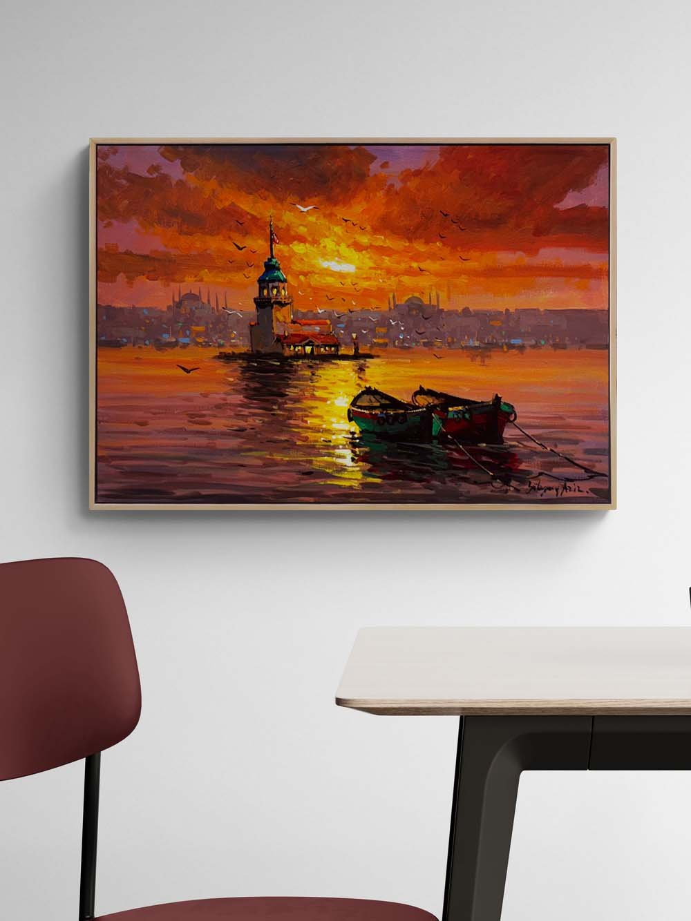 Kız Kulesi'nde Kızıl Gün Yağlı Boya Tablosu