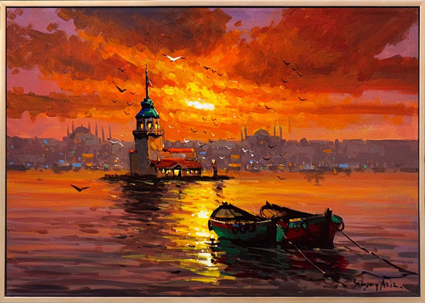 Kız Kulesi'nde Kızıl Gün Yağlı Boya Tablosu