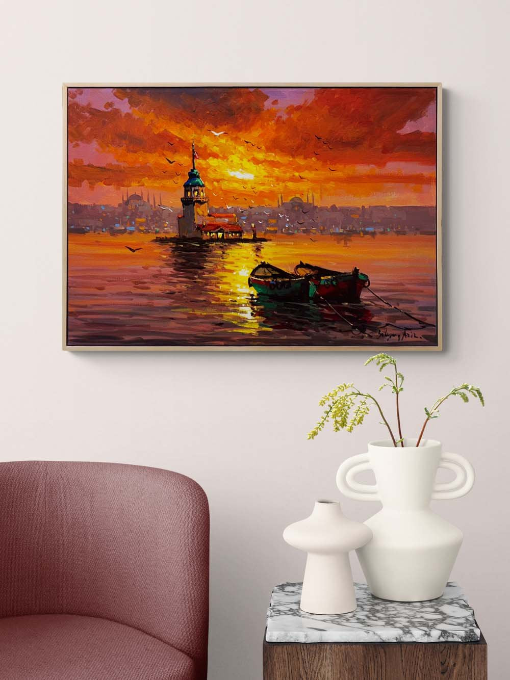 Kız Kulesi'nde Kızıl Gün Yağlı Boya Tablosu